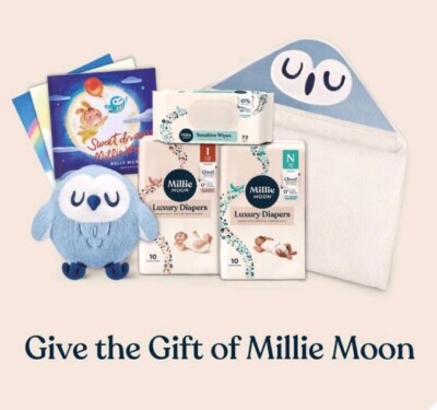 NEW Millie Moon GIFT BOX All Natural Disposable Diapers WIPES Owl Plush & Towel 