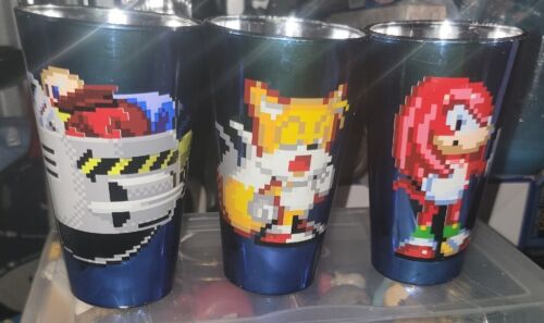 Vtg. Set Of 4 Just Funky Sega Sonic The Hedgehog Pixelated Metalic Blue Cups   - Picture 1 of 18