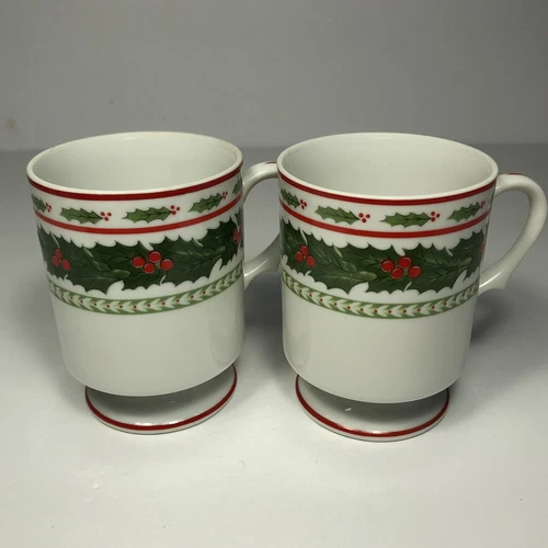 Lefton China Set of 2 Footed Pedestal Holly Christmas Mugs Red Rim 1052