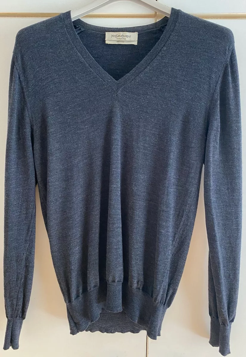 YVES SAINT LAURENT RIVE GAUCHE RARE MENS GREY V NECK SWEATER SMALL Made In  Italy