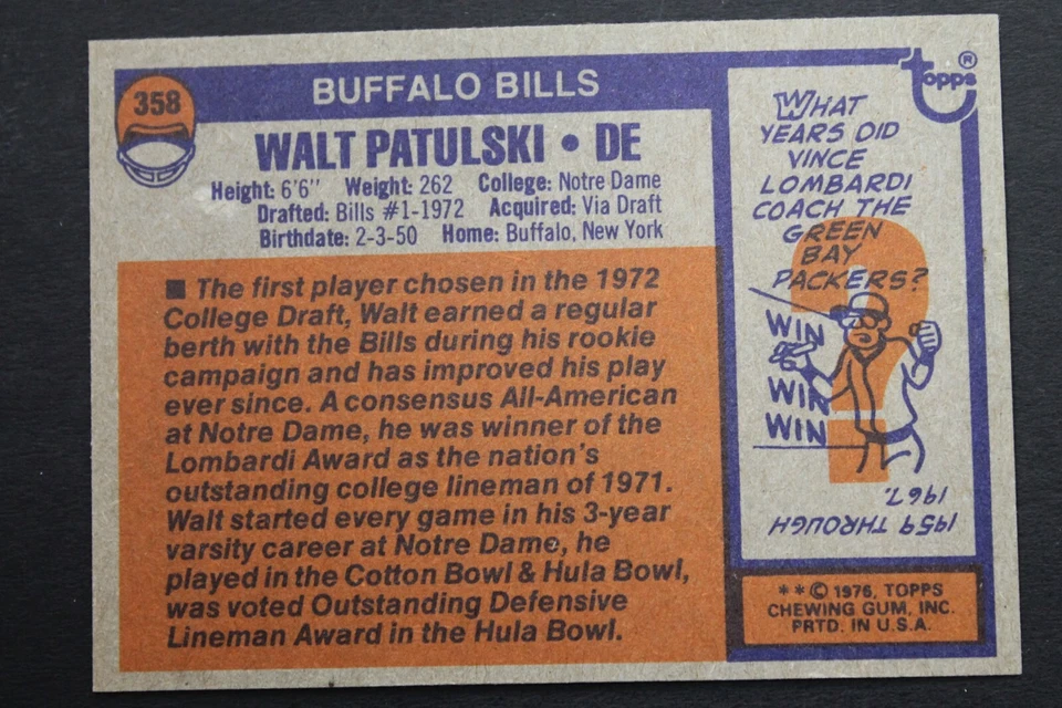 Walt Patulski Buffalo Bills Signed 1976 Topps #358 Autographed Card NOTRE DAME - Image 2 of 3