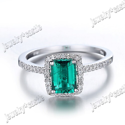 Real 10k White Gold 7x5mm Natural Emerald Semi Mount Halo 1/5ct Diamond Ring