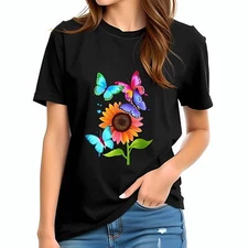 Stylish Black Cotton Short Sleeve T-Shirt with Vibrant Sunflower-All-cotton