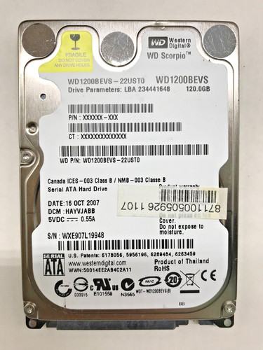 120 GB SATA NOTEBOOK FESTPLATTE WESTERN D.Scorpio WD1200BEVS 22UST0 2,5''#NFP686