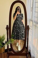 Black Midi A-Line Dress with Gray White Floral Pattern kurtis for women