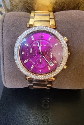 Michael Kors Parker Watch MK6417 Rose Gold Pink Face Crystal Bezel w Box Exc Con