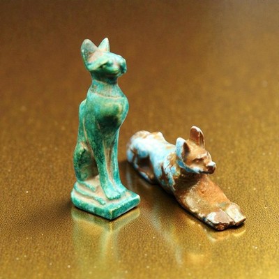 Antique Old Egyptian Faience Amulet Set Bes Cat & Anubis Jackal Dog Figurines
