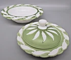 Vintage Imperial Glass Covered Dish & Bowl Set Milk Glass Green Intaglio Leaf