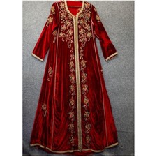 Vintage Moroccan Kaftan Dress Womens XS S Red Velvet Embroidered Beads Wedding