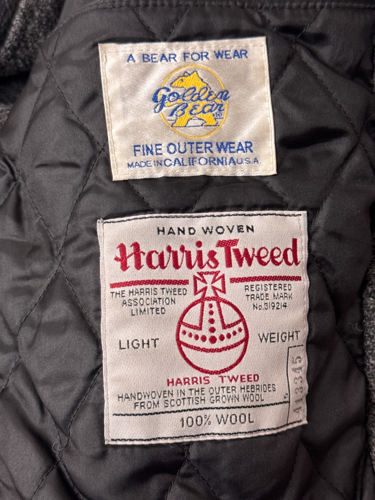 Holland & Sherry Bomber Jacket Small Mens Harris Tweed Gray & Black Leather