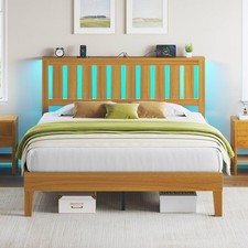 Queen Bed Frame with Headboard, Charging Station and LED Lights, Wooden Bed F...