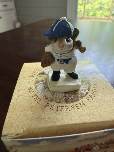 1989 Wee Forest Folk “Batter Up” Mouse , Annette Peterson Signed; Blue & White