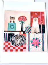 Christmas Card Cats with Presents Mary Stubberfield Flowers Poinsettia