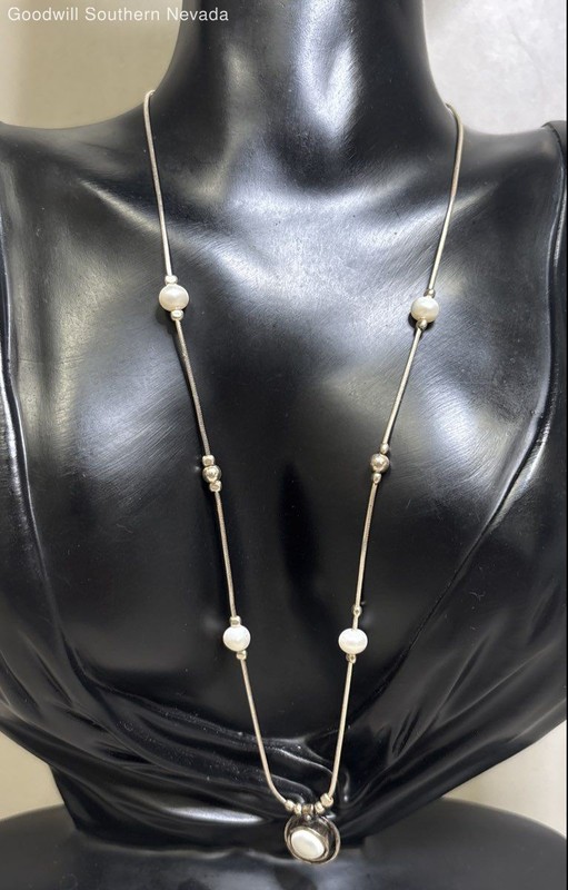 17" Sterling Silver Station Necklace with Pearl-like Gems