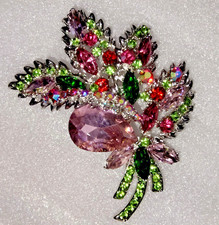 VTG Pink Green Crystal Rhinestone Flower Leaf Brooch Large Statement Pin 3"