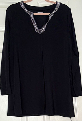 Lands' End Women s L Black Embroidered V-Neck Long Sleeve Knit Tunic Top