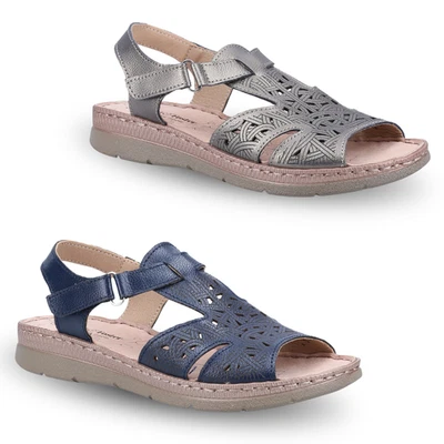 Womens Wide Leather Sandals Flat Open Toe Halterback Strap Summer Ladies Padded - Image 1 of 4