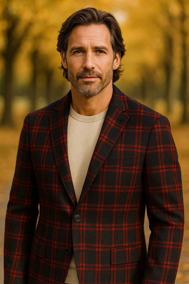 Cantarelli 100% Wool Plaid Blazer Men’s 40R Made in Italy Red Navy Jacket - Image 2 of 4