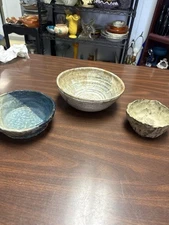 Lot 3 Handmade Studio Pottery Bowls Rustic Artisan Glaze Set Signed Vintage