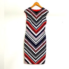 Vince Camuto Cocktail Dress Sz 6 Bodycon Sleeveless Orange White Blue Geometric