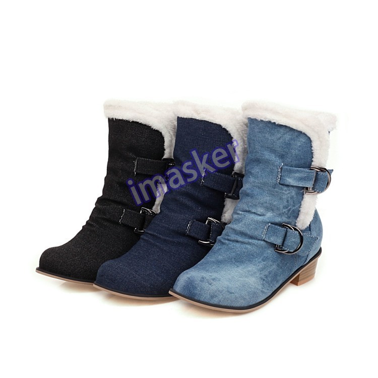 Women's Denim Ankle Boots Buckle Jean Shoes Chunky Heels Round Toe Fashion Chic