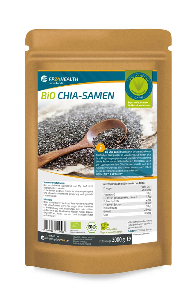FP24 Health Bio Chia Samen 2kg - Öko Anbau - Rohkost Qualität - 2000g