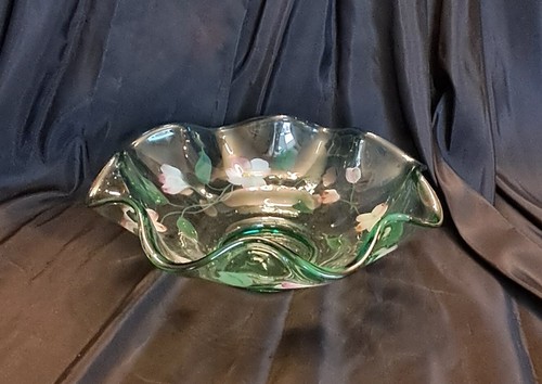 Vintage Fenton Floral Iridescent Satin Hand Painted Bowl Dish - Picture 8 of 12