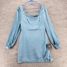 Lulus Dress Womens Small Long Sleeve Sqaure Neck Blue Satin
