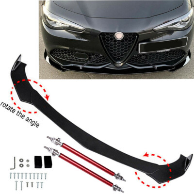 Glsossy Front Bumper Lip Chin Spoiler Splitter + Strut Rod For Alfa Romeo Giulia