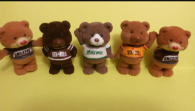 Set of 5 Vintage 1987 Snickers Chums, M&Ms, Milky Way  Flocked Bears