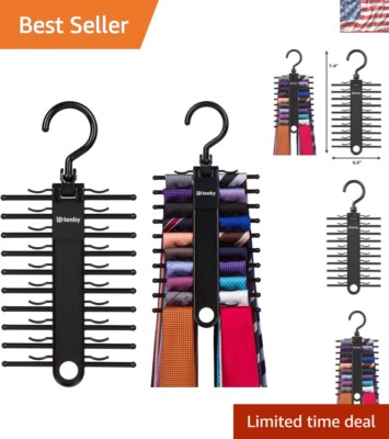 Durable Black Tie Rack - 2-Pack with 360° Hook and Clips for Secure Hold