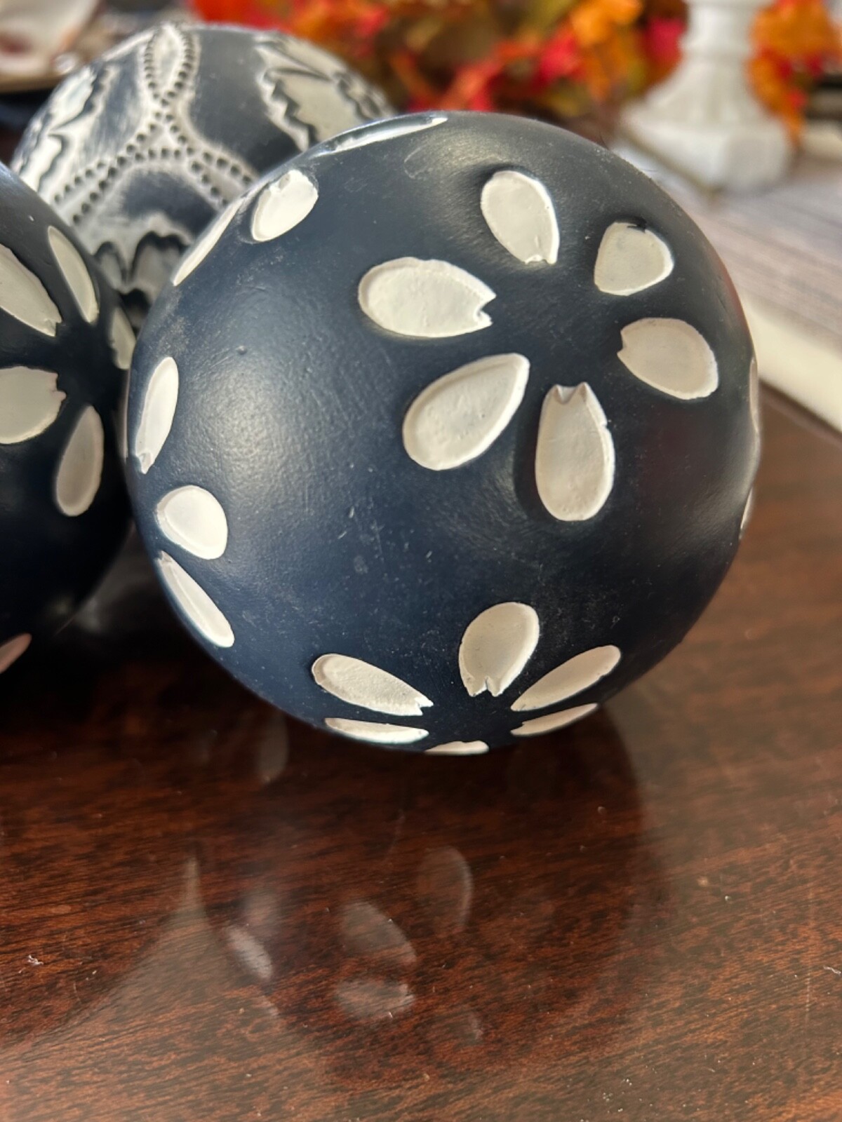 Vintage Decorative Ceramic Ball Sphere Blue and White 3 Inch Floral Print Flower