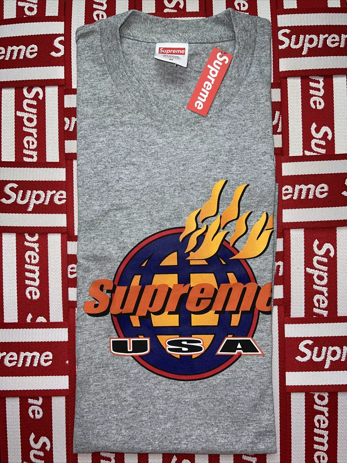 T shirt Supreme Fire USA !! FW17 !! Gris bruyère !!! Medium !! 100 % authentique ! Rare ! Neuf avec étiquettes !