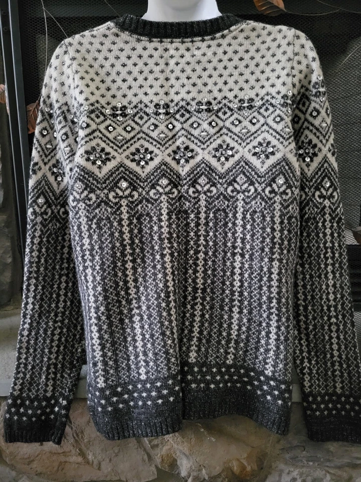 Women's Cardigan Sweater Gray Lambswool Holiday Sparkle Ski Lodge Party - Imagem 2 de 4