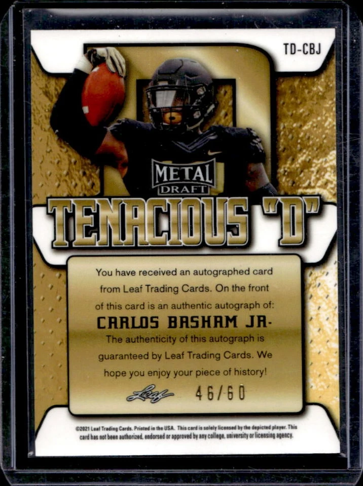 2021 Leaf Metal Draft Carlos Basham Jr. Tenacious D Auto Marbles Silver RC #/60 - Image 2 of 2