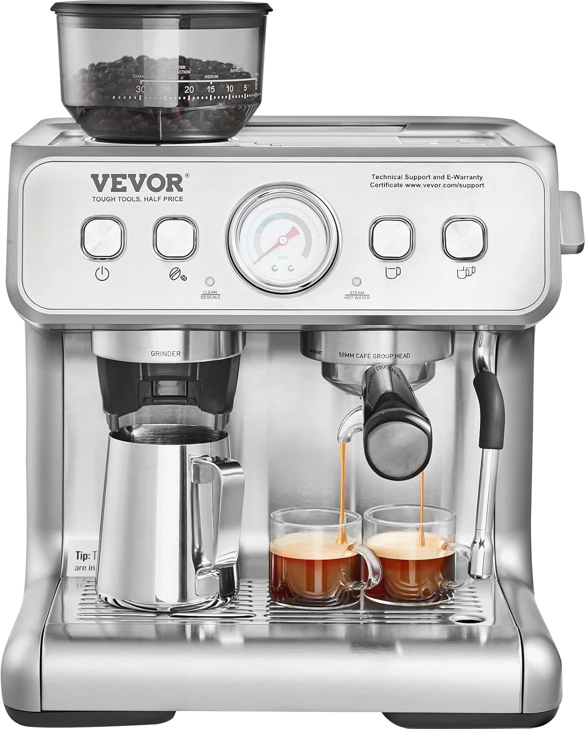 15 Bar Espresso Machine with Grinder & Milk Frother for Perfect Coffee