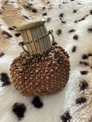 Vintage Beaded Accordian Gate Closure Beggers Coin Pouch 3'' Cloth Stash Bag
