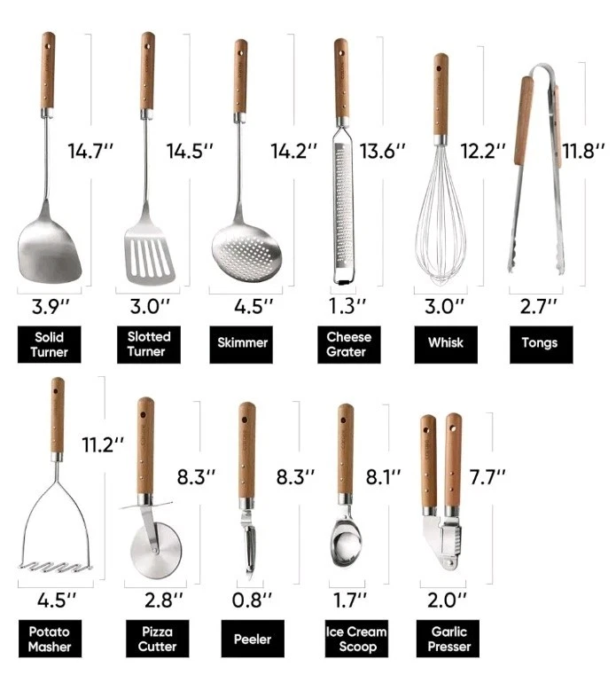 New Stainless Steel Cooking Utensils Set with Wooden Handles - 11 PCS - Wooden