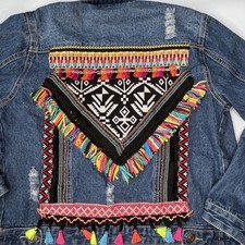 Boho Embroidered Embellished Blue Denim Jean Jacket Small