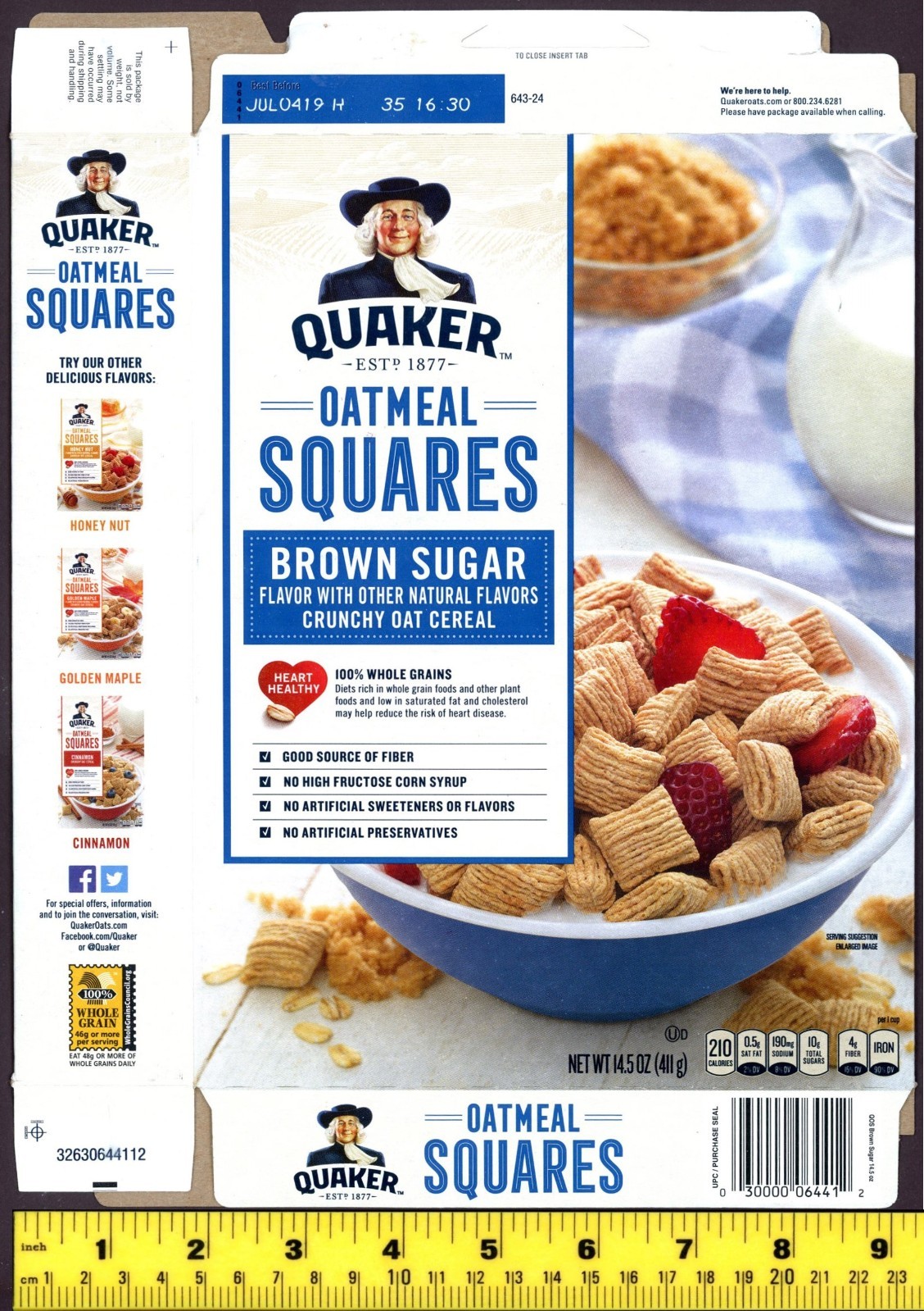 Quaker Brown Sugar Oatmeal Squares Cereal (2018) - Empty Box, Sent Flat.
