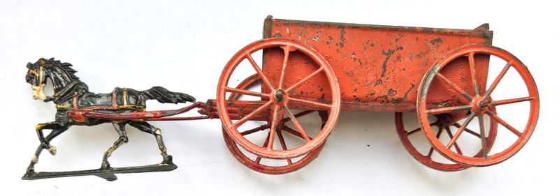 Victorian Child's Toy Tin/Metal Horse & Wagon-Primitive Antique Painted Buggy