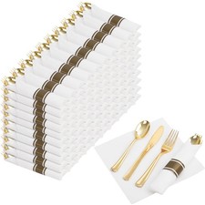 Nervure 400PCS Gold Plastic Silverware Set - 100 Pack with Napkins