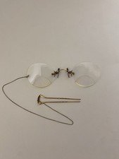 Antique Rimless Pince-Nez Spectacles Solis Gold Filled Hairpin  Chain Bifocals