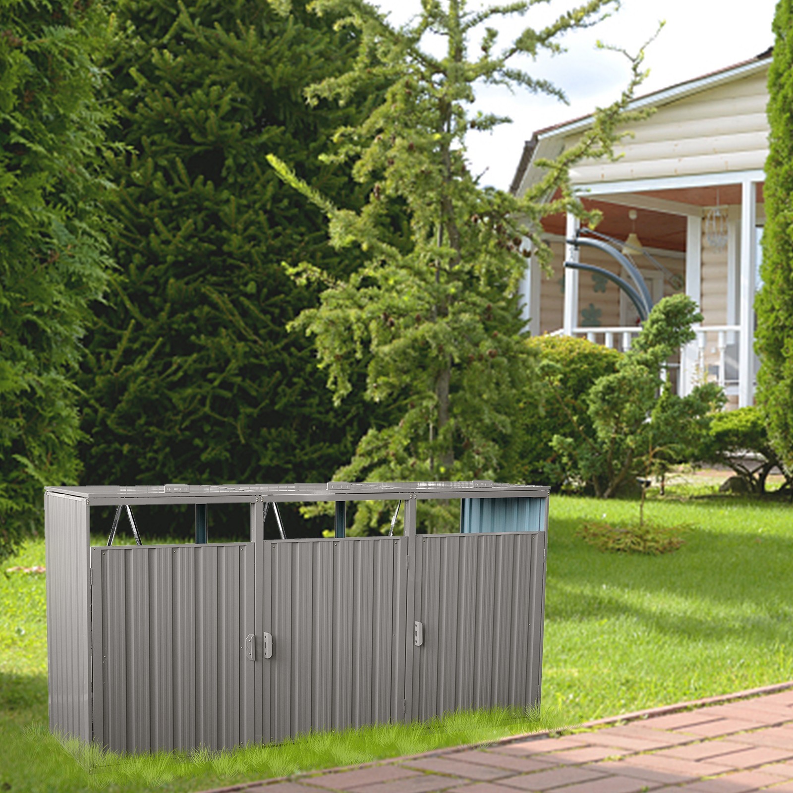 Outdoor Garbage Storage Bin Shed Stores 3 Trash Cans Metal Bin Shed for Yard