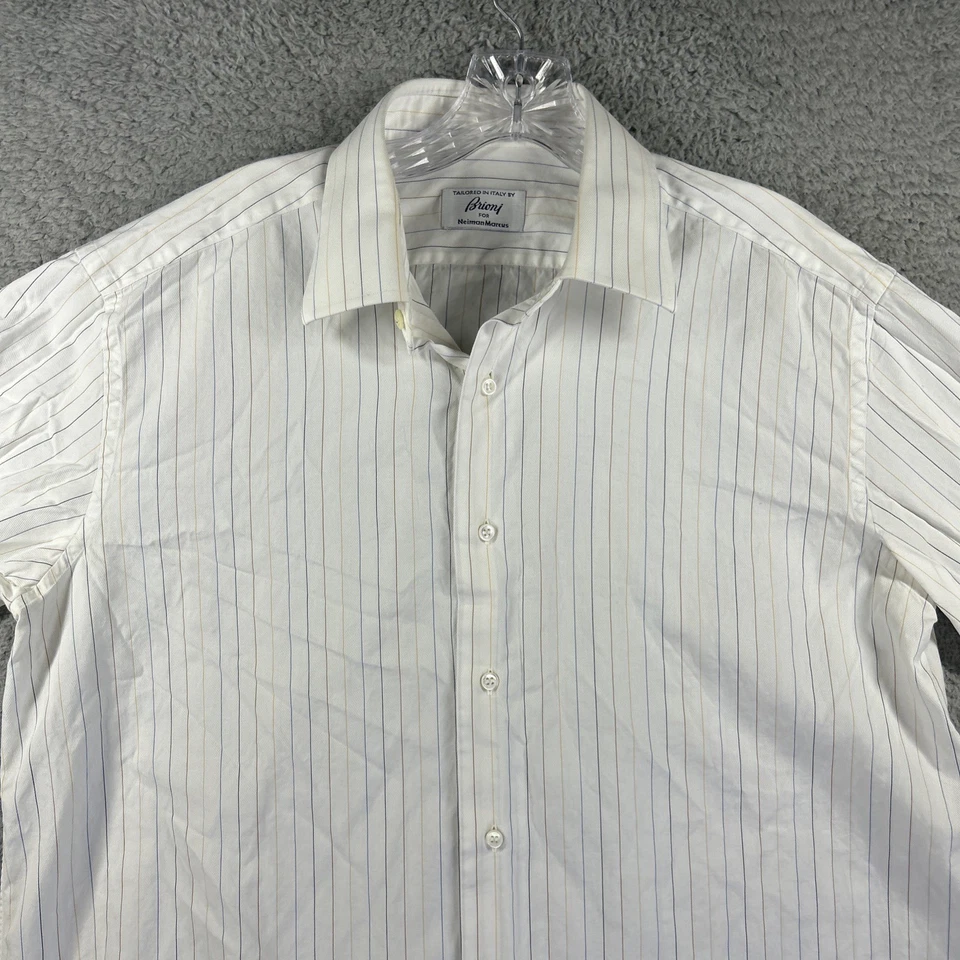 Brioni Neiman Marcus Shirt Mens Large White Stripe Italy French Cuff Dress - Image 2 of 4