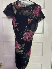 Floral Ruched Bodycon Crew Neck Cap Sleeve Knee Length Dress Black Pink Blue M