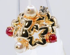 Vintage Chaumet Paris Pearl Diamond 18k Yellow Gold Flower Bouquet Cocktail Ring