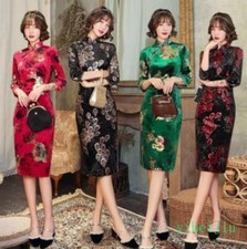 Women's Knee Long Dresses Chinese Cheongsam Velvet Slim Half Sleeve Qipao Flower