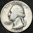 1945-D WASHINGTON SILVER QUARTER - EAGLE BACK - DETAILED OLD COIN