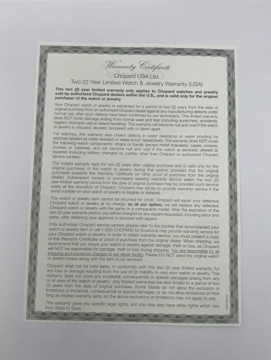 CHOPARD AUTHENTICATE OF ORIGIN PAPER FOR WATCHES AND JEWELRY RARE